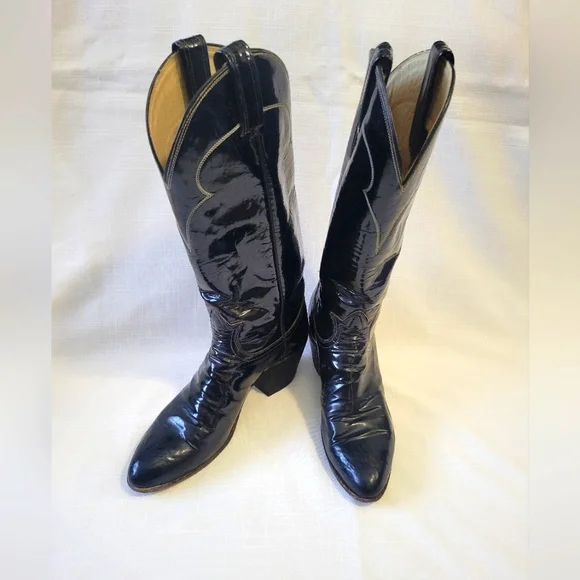 Vtg. Tony Lama Black Patent Leather Cowboy Boots size 6A